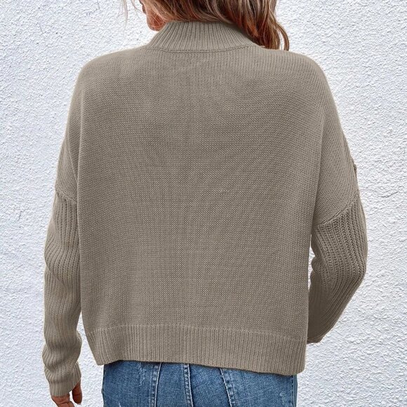 Khaki Casual Women's Stand Collar Pullover Sweater with Dropped Shoulder - Picture 2 of 6